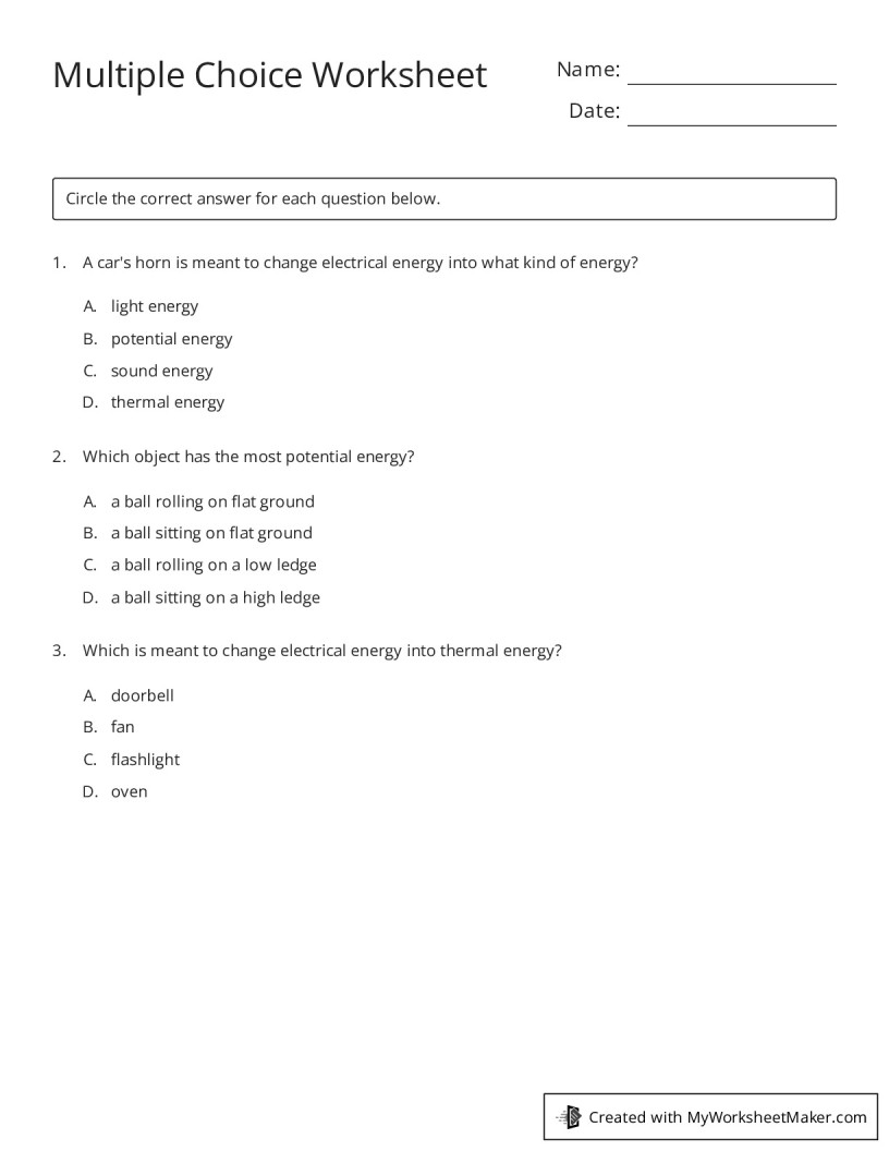 Multiple Choice Worksheet - My Worksheet Maker: Create Your Own Worksheets