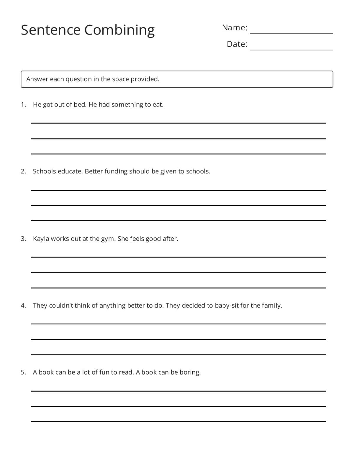 Printable 5th grade writing worksheet with five sentence-combining exercises to improve sentence fluency and clarity.