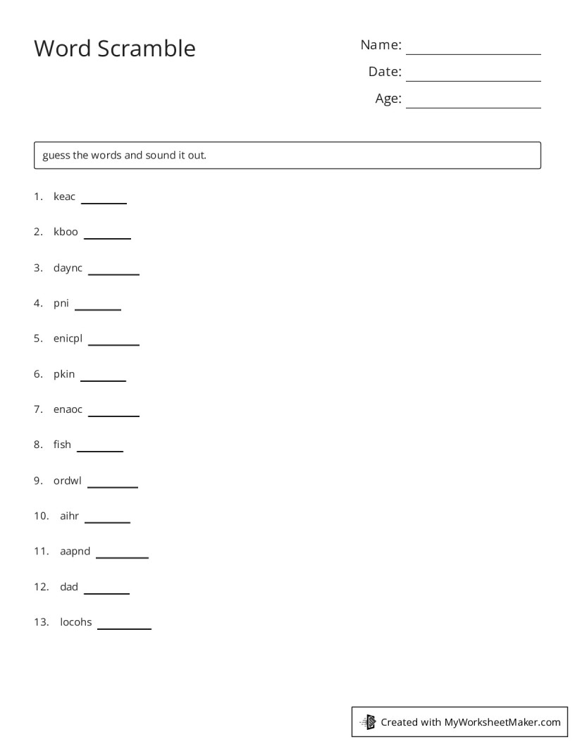 Word Scramble - My Worksheet Maker: Create Your Own Worksheets