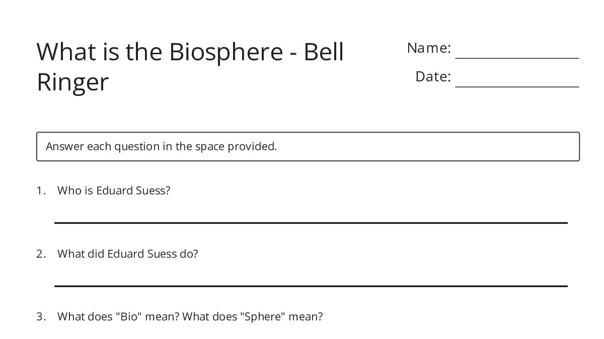 What is the Biosphere - Bell Ringer - My Worksheet Maker: Create Your ...