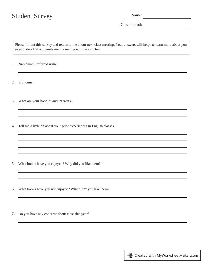 Student Survey - My Worksheet Maker: Create Your Own Worksheets