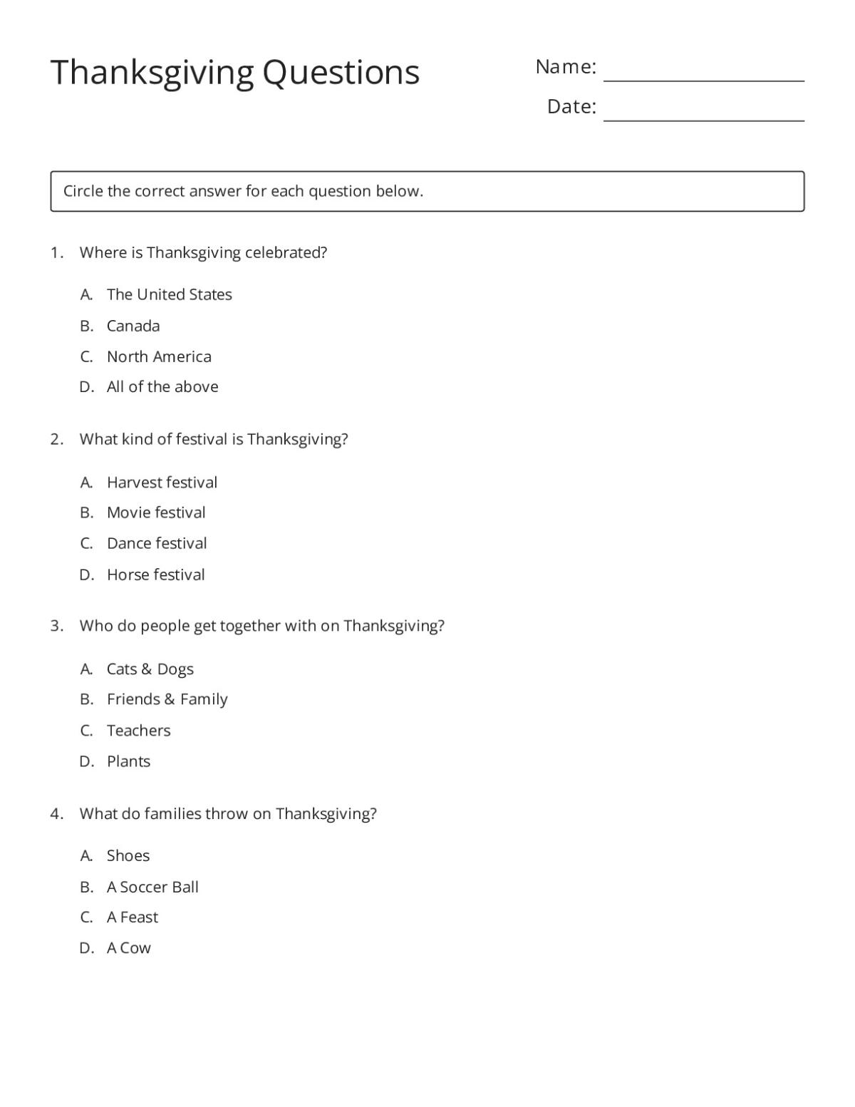Printable Thanksgiving quiz with seven multiple-choice questions on holiday history, traditions, and Plymouth.