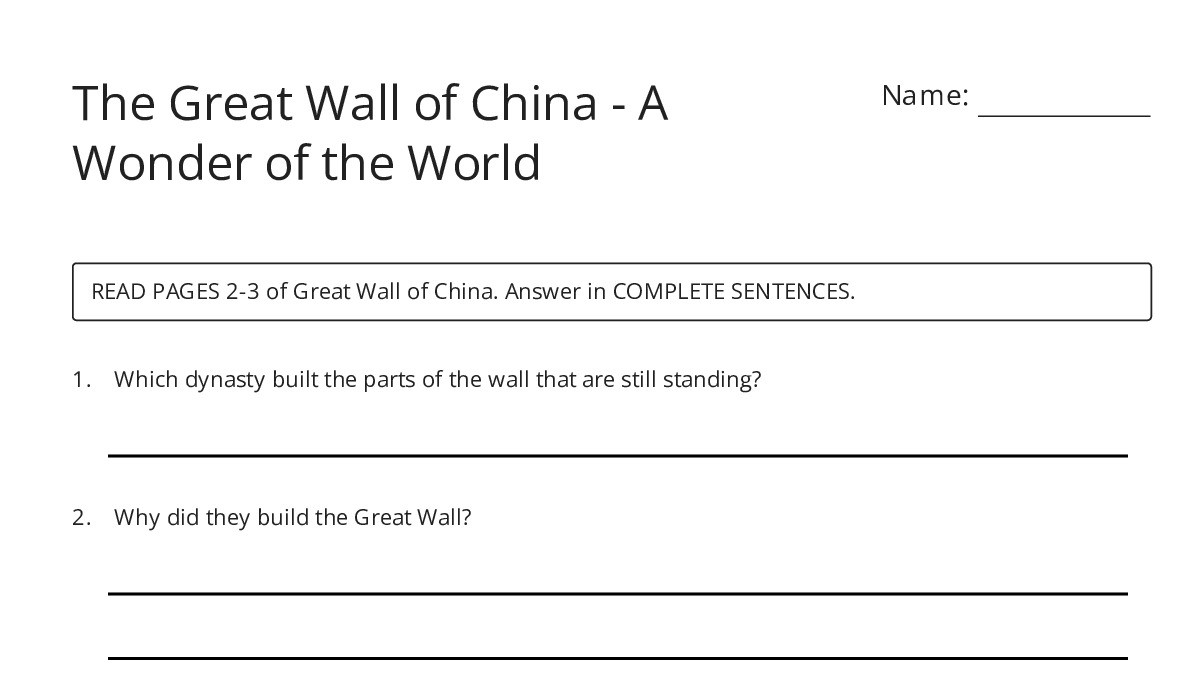 The Great Wall of China - A Wonder of the World - My Worksheet Maker ...