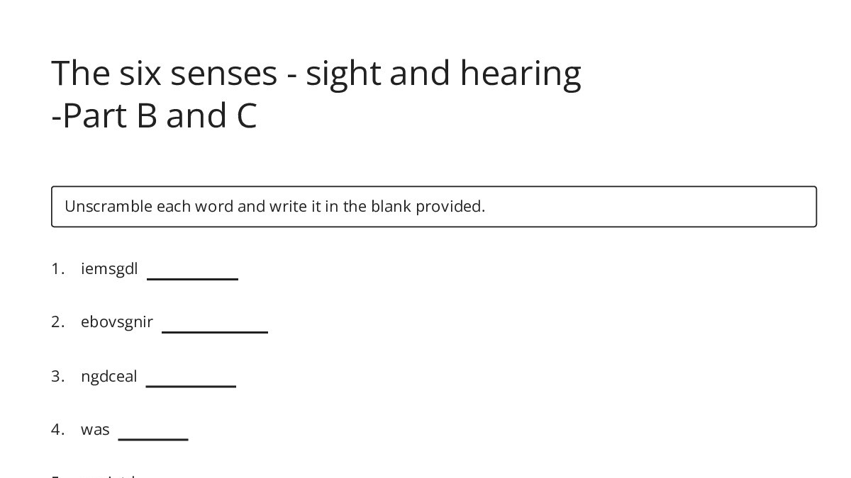 The six senses - sight and hearing -Part B and C - My Worksheet Maker ...