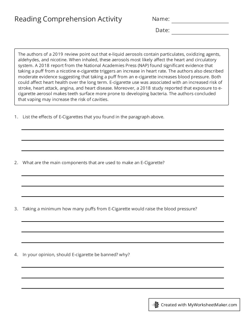 Reading Comprehension Activity - My Worksheet Maker: Create Your Own Worksheets