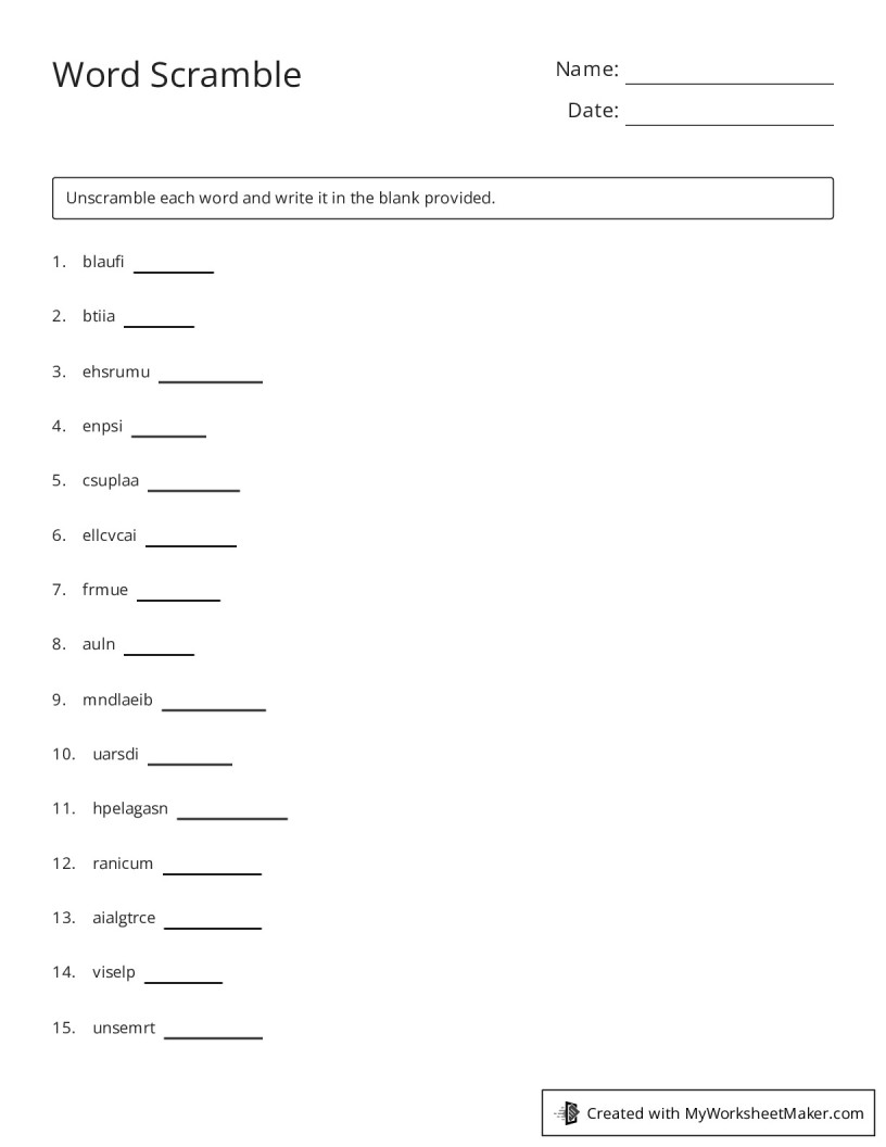 Word Scramble - My Worksheet Maker: Create Your Own Worksheets