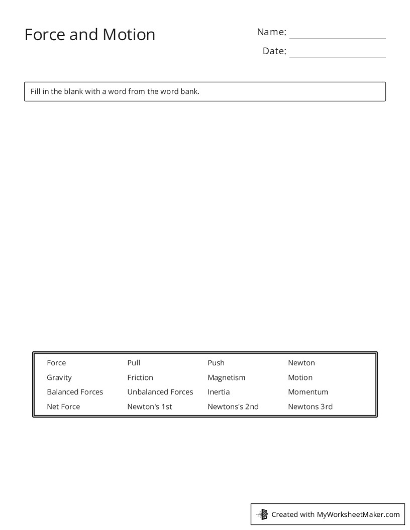 Force and Motion - My Worksheet Maker: Create Your Own Worksheets