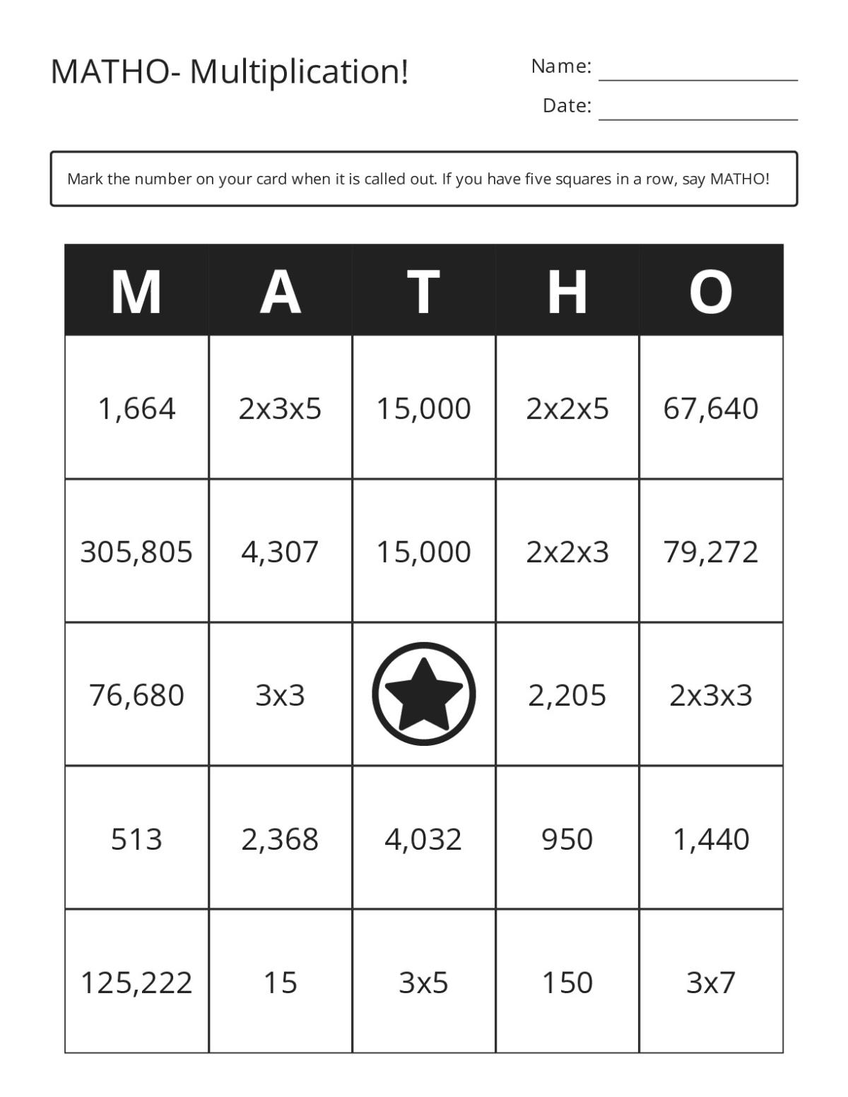 Multiplication bingo cards with factors, products, and prime factorizations for Grade 5.