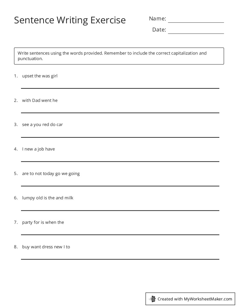 Sentence Writing Exercise - My Worksheet Maker: Create Your Own Worksheets