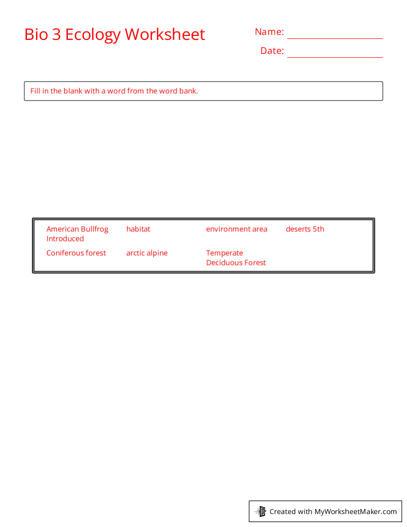 Bio 3 Ecology Worksheet - My Worksheet Maker: Create Your Own Worksheets