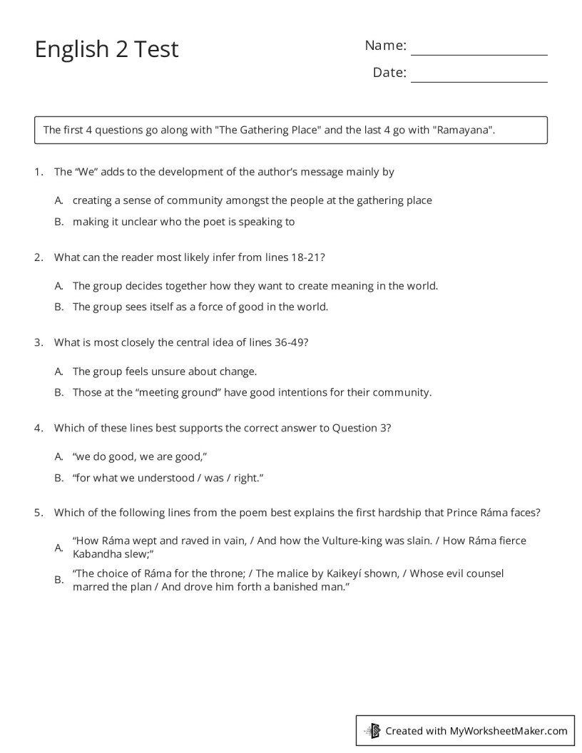 English 2 Test - My Worksheet Maker: Create Your Own Worksheets