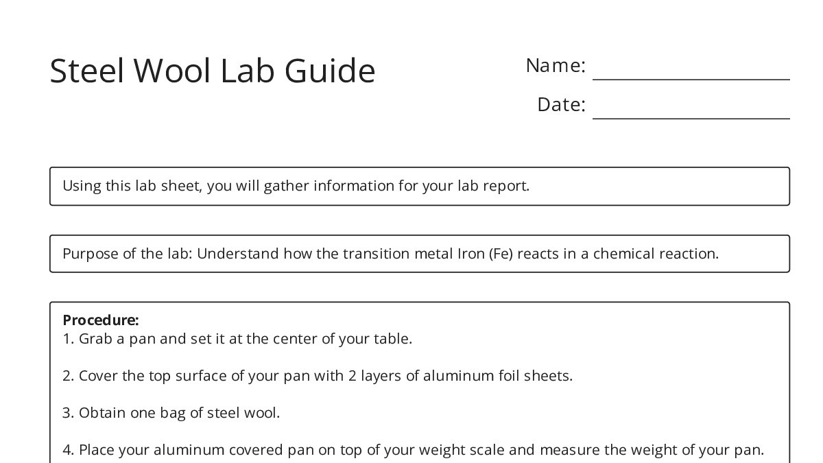 Steel Wool Lab Guide - My Worksheet Maker: Create Your Own Worksheets