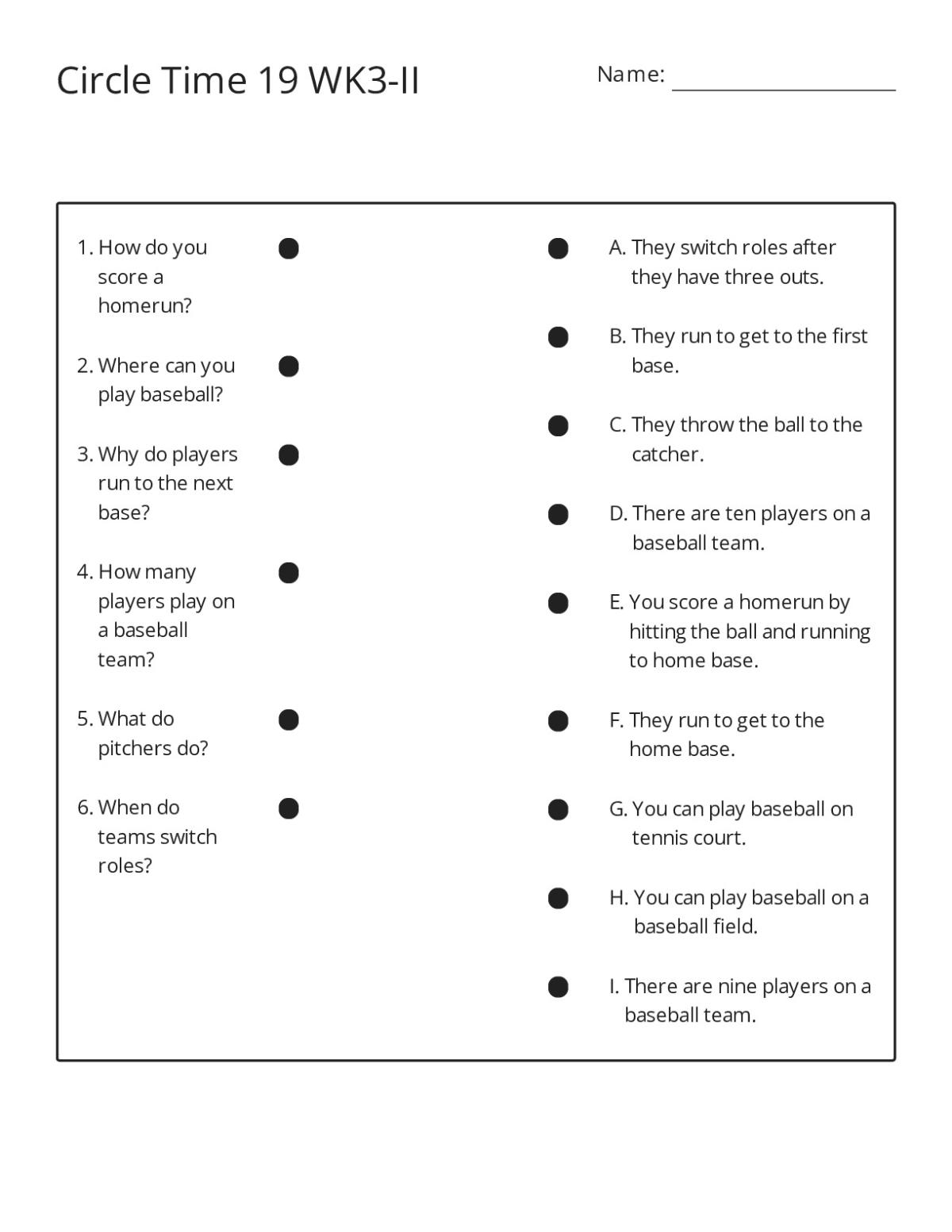Kindergarten baseball matching worksheet with six questions about scoring, team roles, and how to play.
