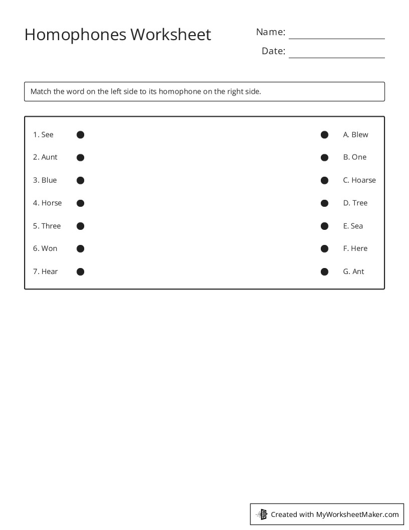 Homophones Worksheet - My Worksheet Maker: Create Your Own Worksheets