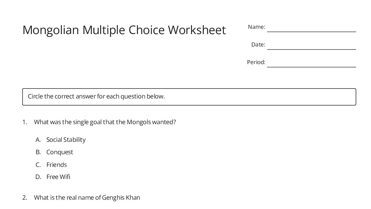 Mongolian Multiple Choice Worksheet - My Worksheet Maker: Create Your ...