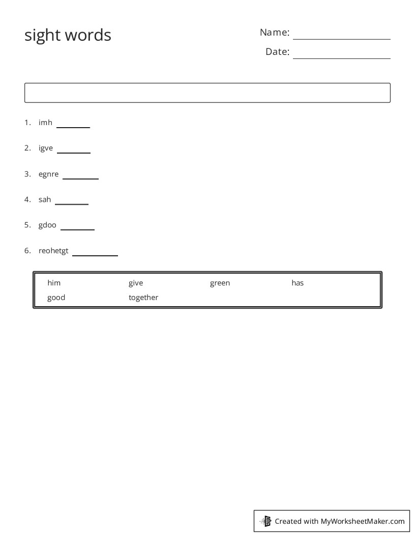 sight words - My Worksheet Maker: Create Your Own Worksheets