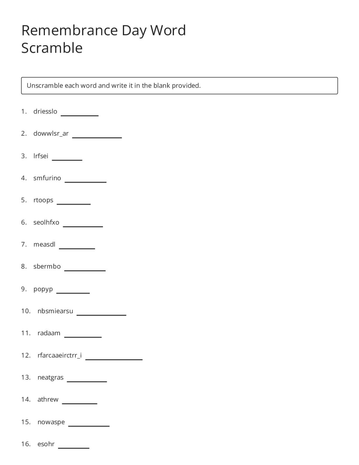 Printable word scramble worksheet with 22 Remembrance Day words including soldiers, poppy, veteran, and aircraft carrier.