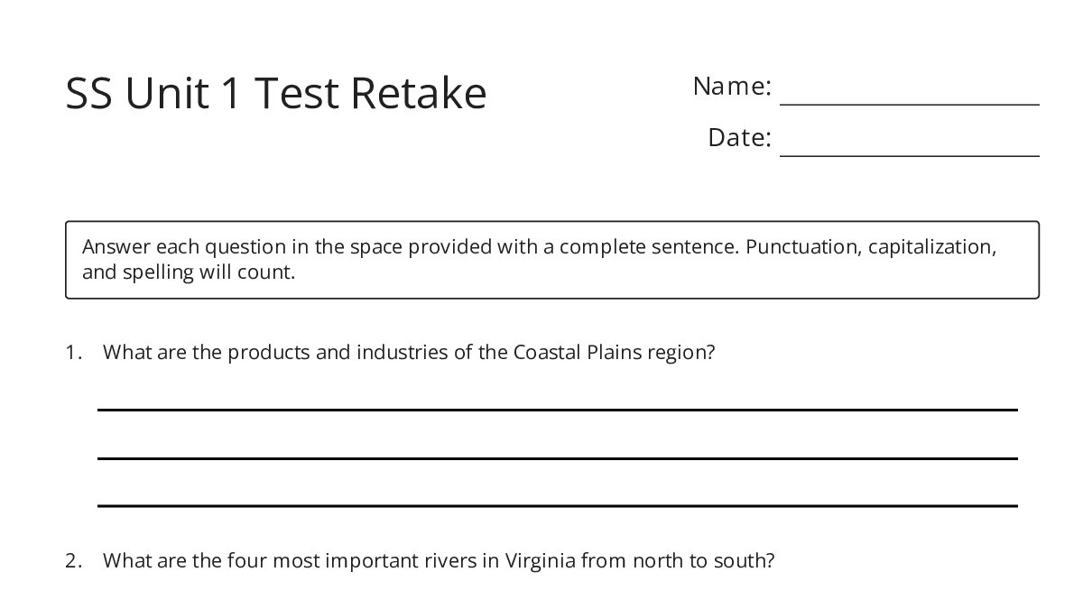 SS Unit 1 Test Retake - My Worksheet Maker: Create Your Own Worksheets