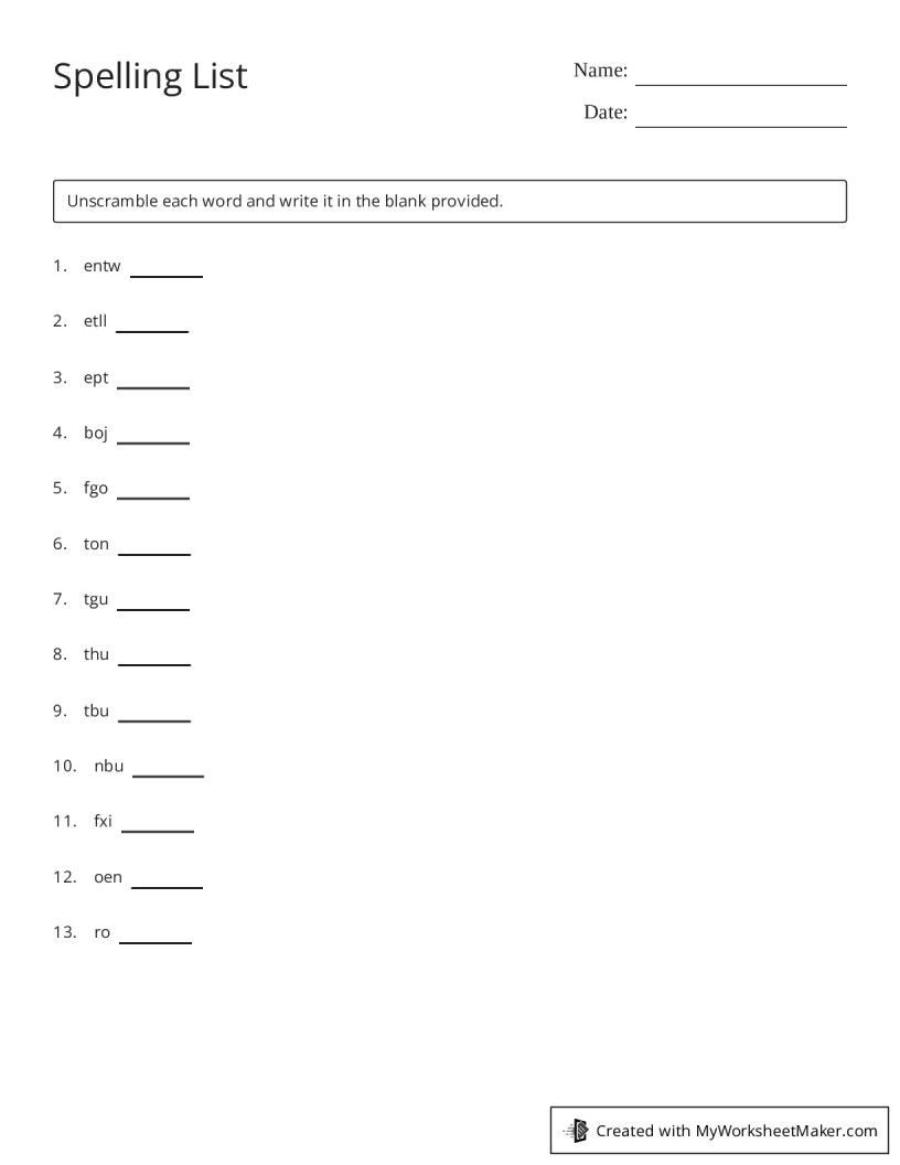 PRINT SPELLING LIST visual data 2