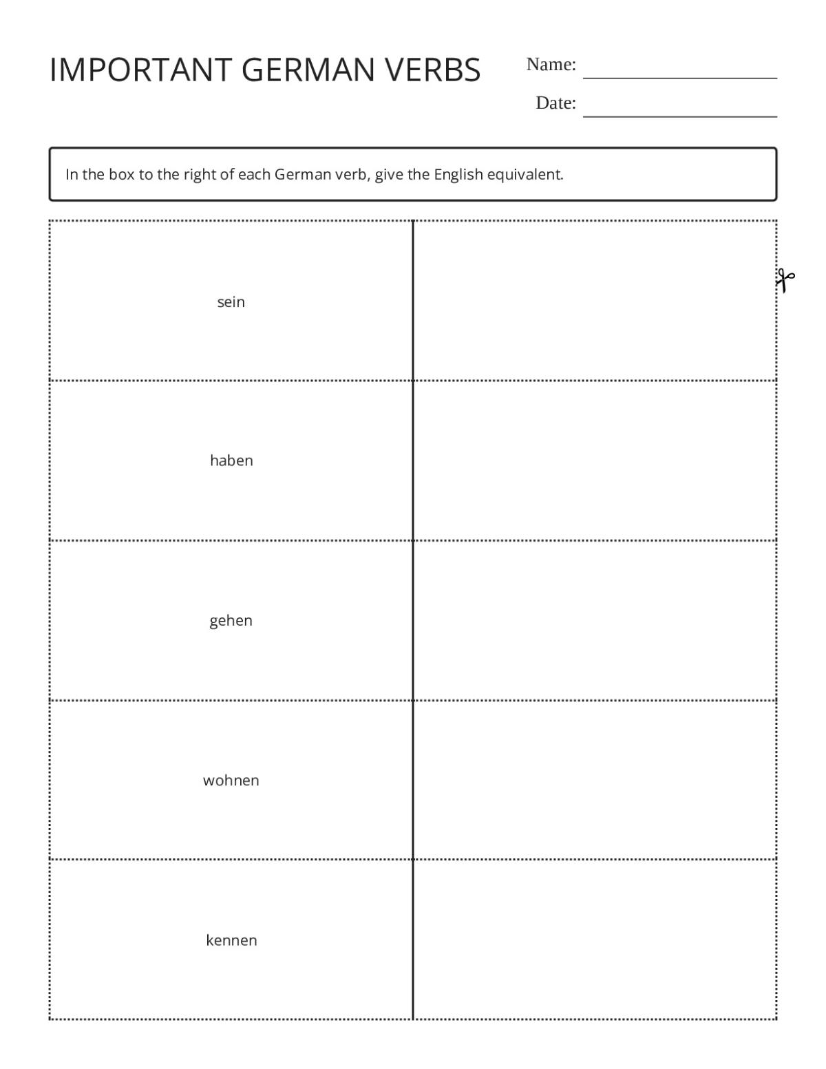 German verb flashcards featuring sein, haben, gehen, and schwimmen for Grades 9–12.