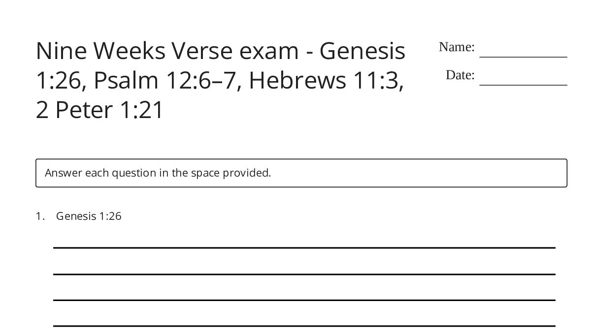 Genises Chapter 12 Worksheets.pdf Nine Weeks Verse exam - Genesis 1:26, Psalm 12:6–7, Hebrews 11:3, 2 ...