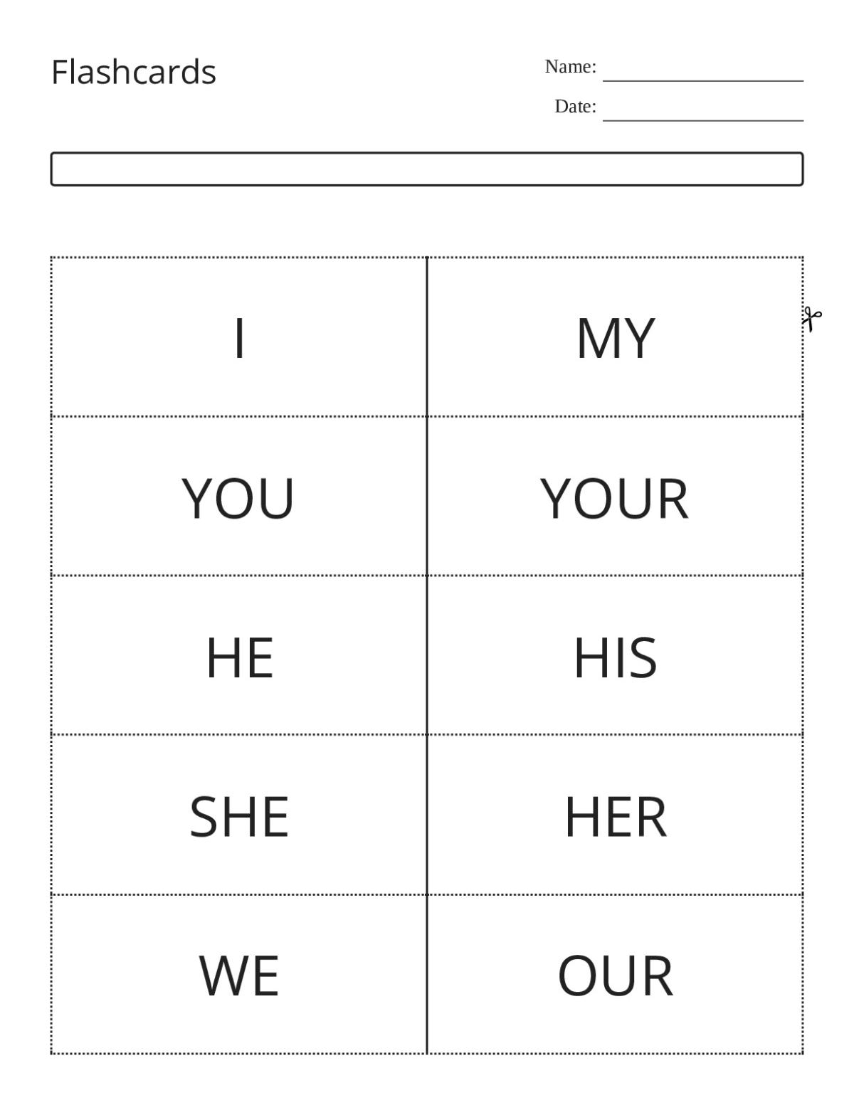 Possessives flashcard set with pronouns I, you, he, she, we, they, it for Grade 3.