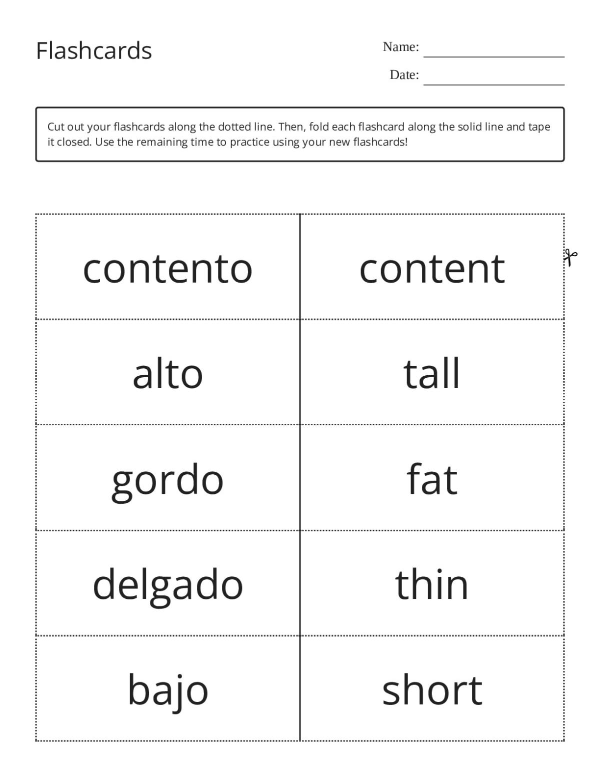 Spanish adjectives flashcards for Grades 6–8 with words like contento, delgado, and inteligente.