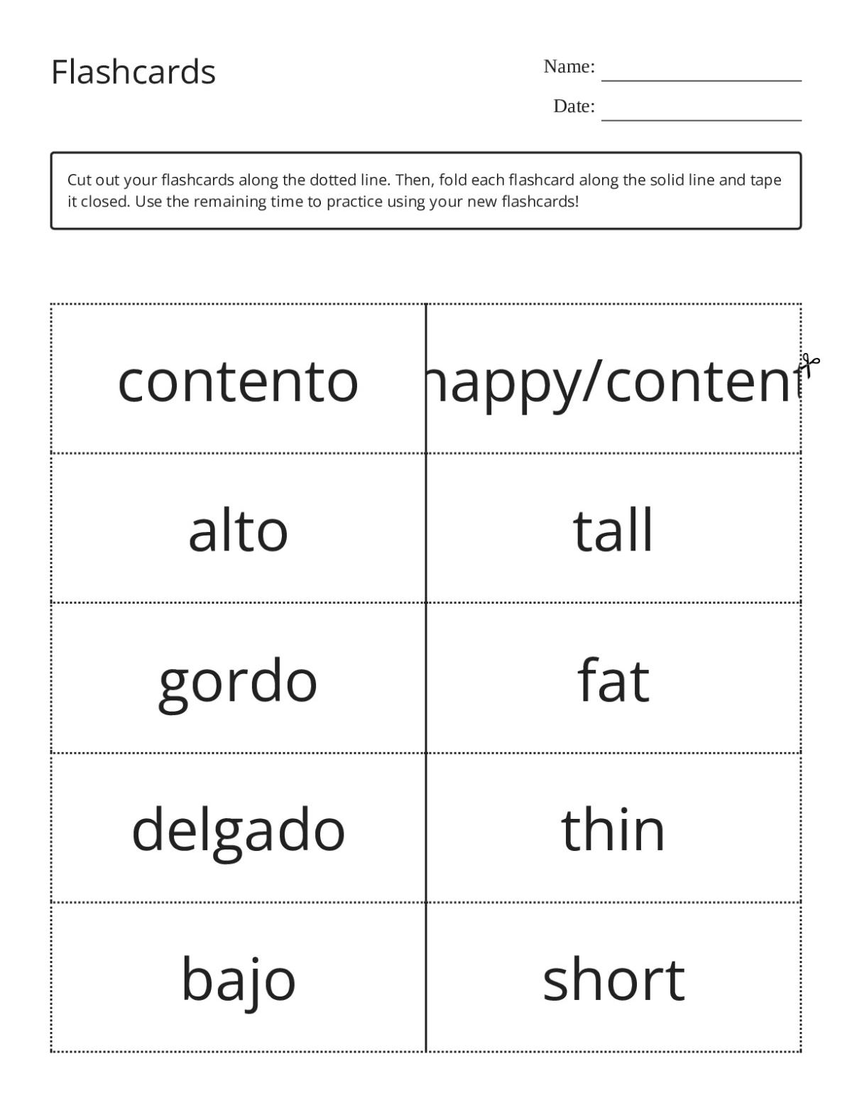 Spanish adjectives and personality traits flashcards including contento, inteligente, and simpatico for grades 6–8.