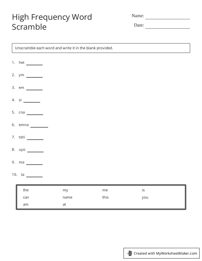High Frequency Word Scramble - My Worksheet Maker: Create Your Own ...