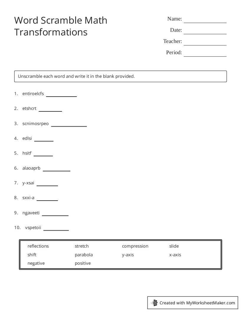 Word Scramble Math Transformations - My Worksheet Maker: Create Your ...