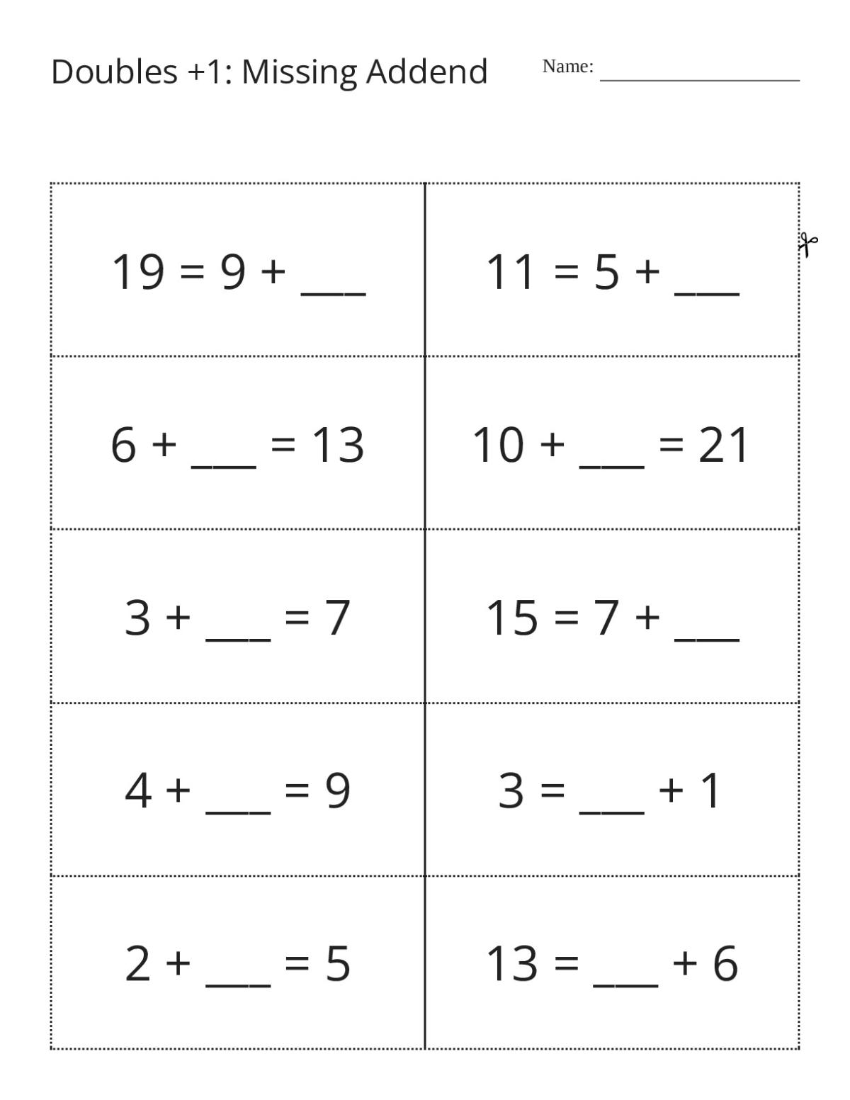 Addition flashcards with missing addends for Grades 1–2, sums within 10.
