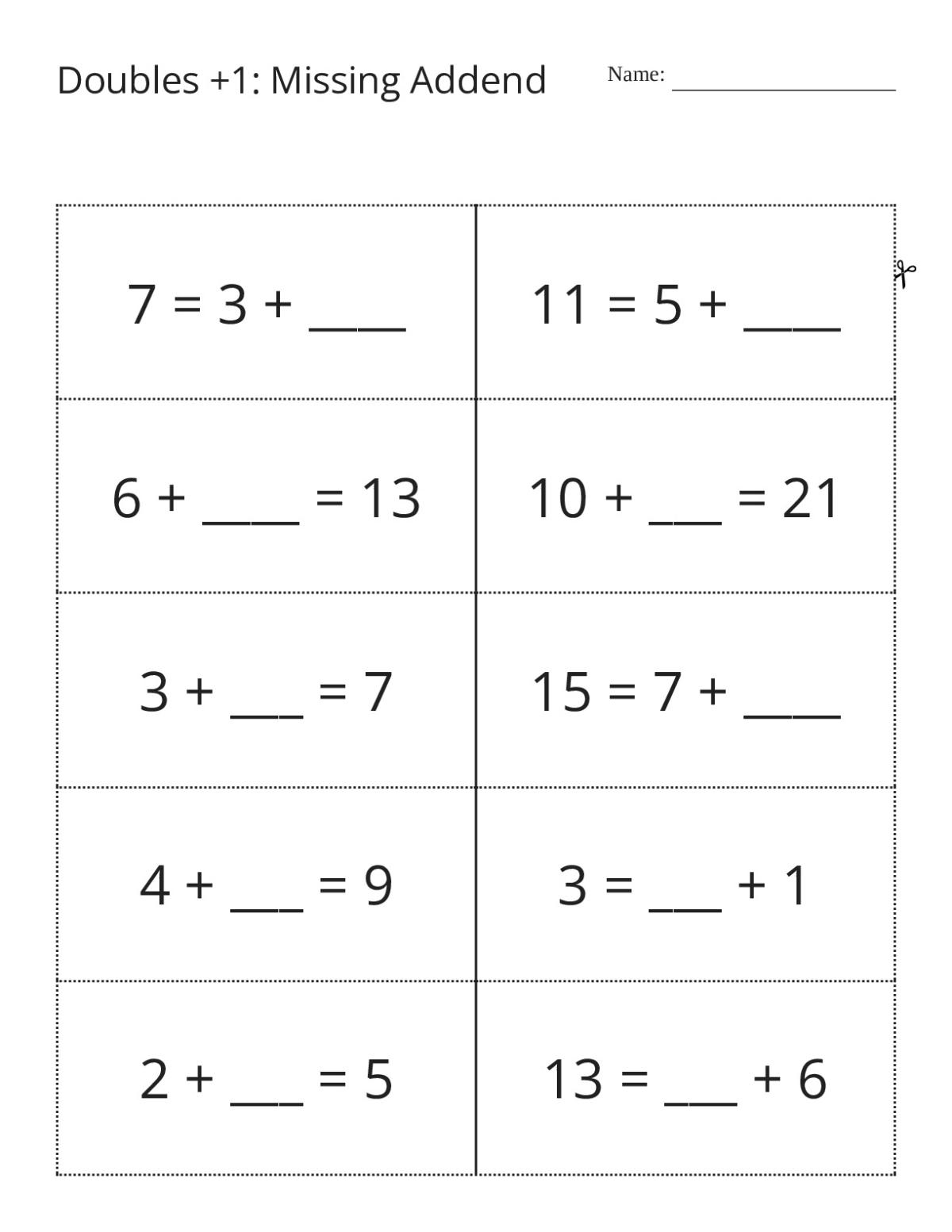 Missing addends flashcards with addition equations for Grades 1–2.
