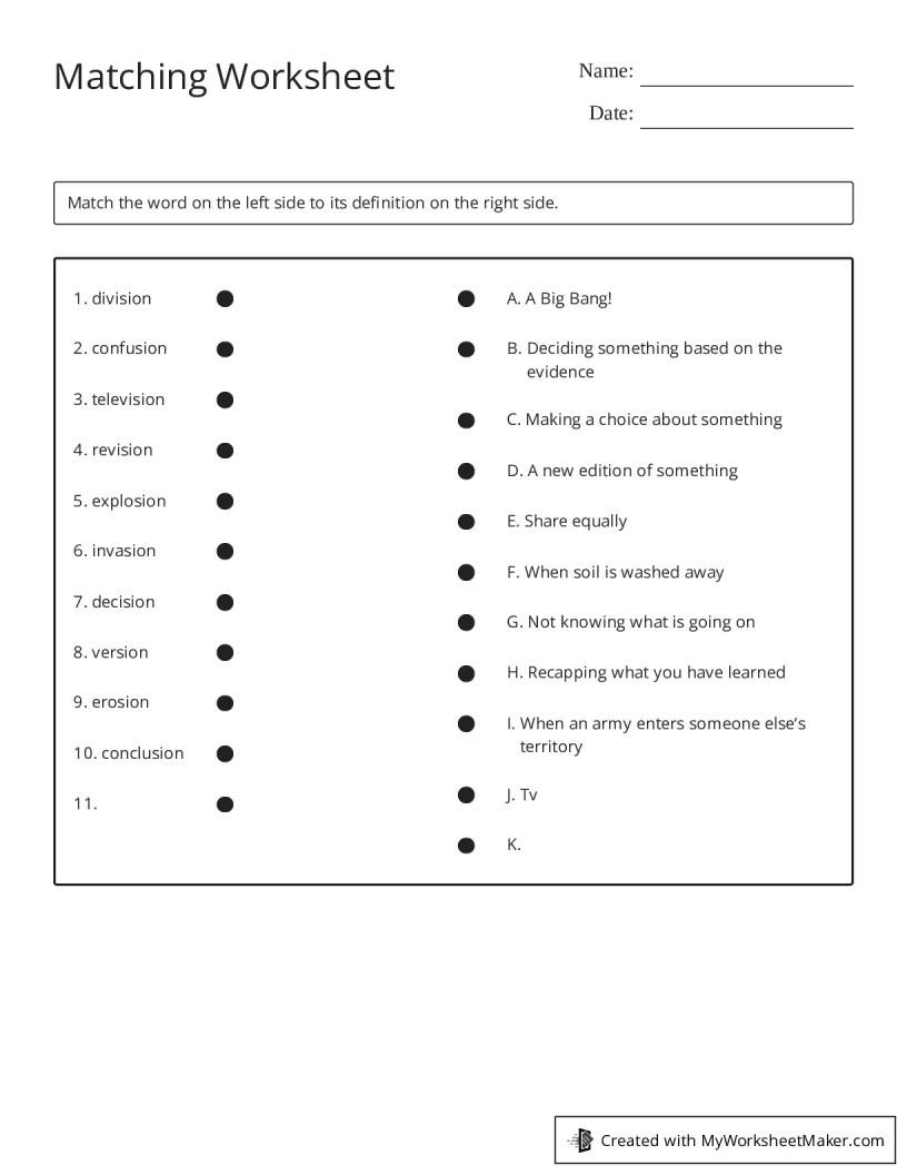 Matching Worksheet - My Worksheet Maker: Create Your Own Worksheets