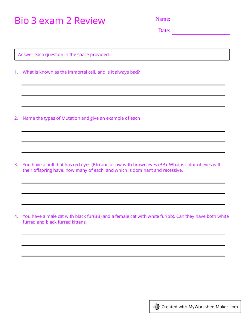 Bio 3 exam 2 Review - My Worksheet Maker: Create Your Own Worksheets