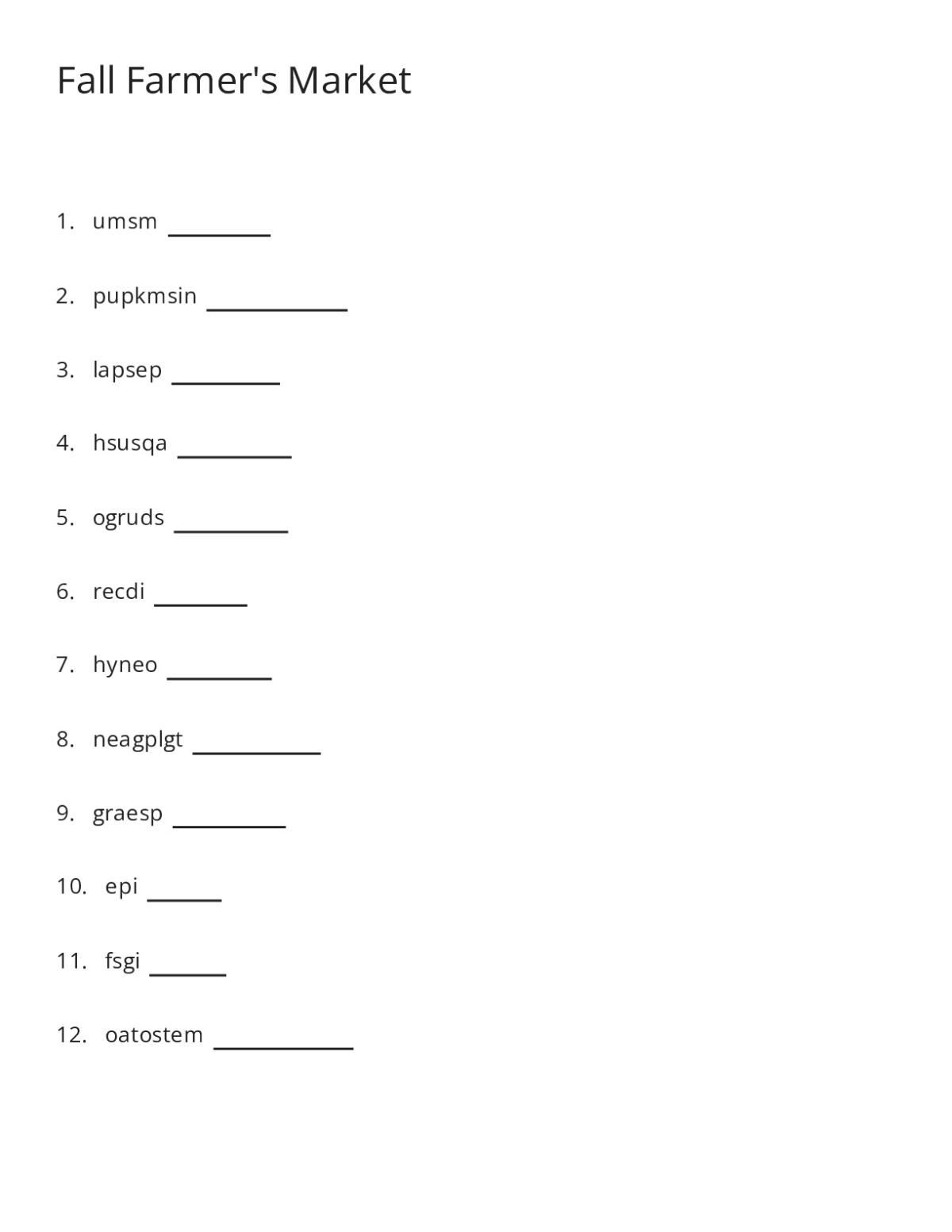 Printable fall-themed word scramble with 12 autumn and farmer's market words including pumpkins, apples, squash, and cider.