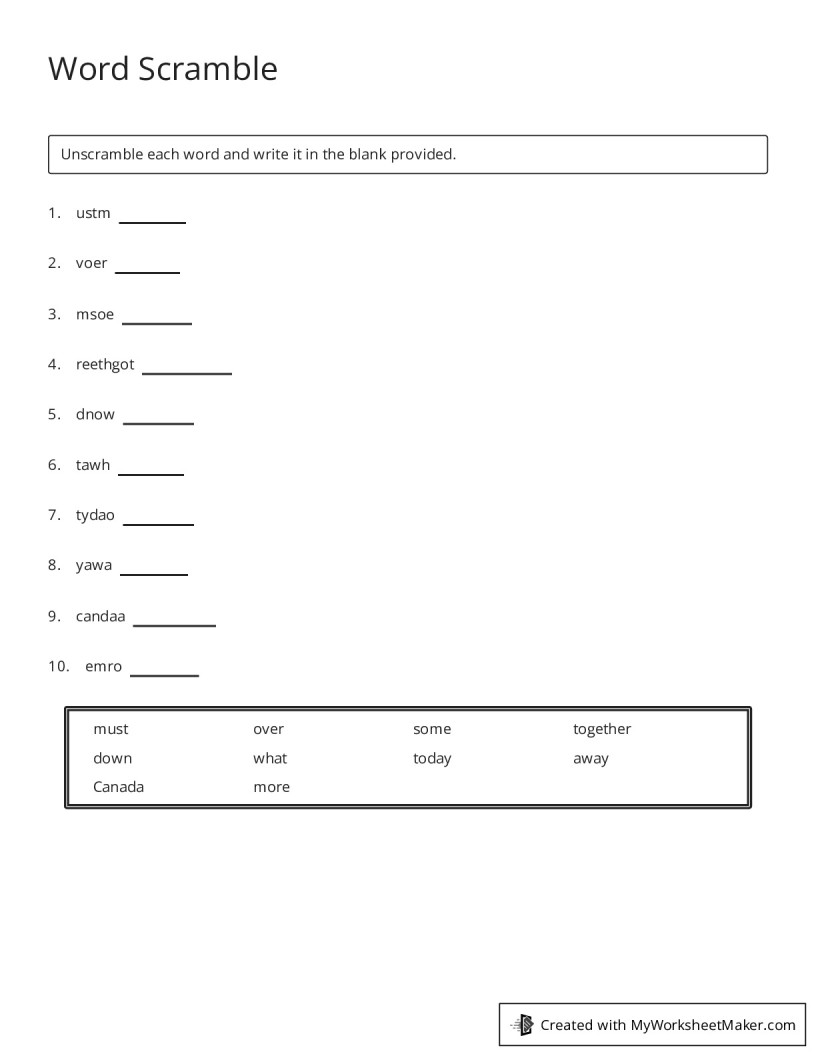 Word Scramble - My Worksheet Maker: Create Your Own Worksheets