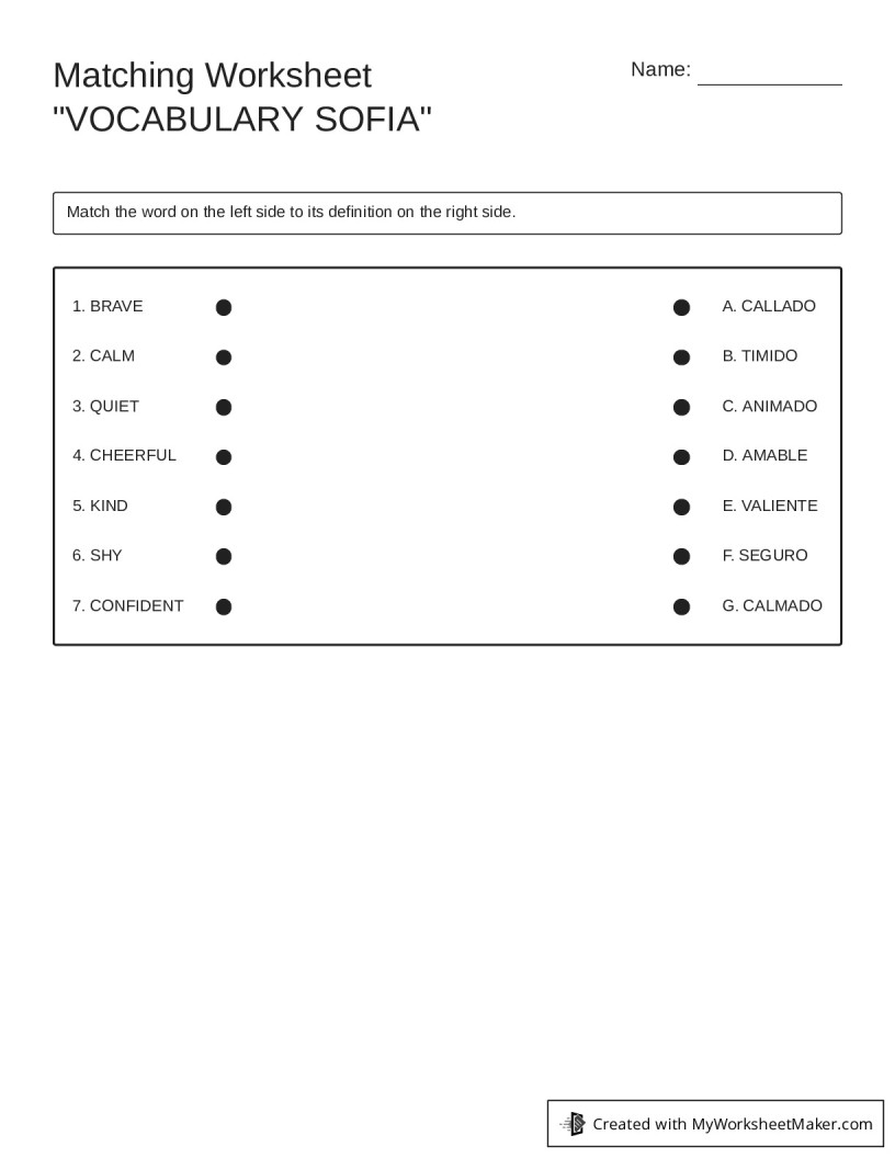 Matching Worksheet "VOCABULARY SOFIA" - My Worksheet Maker: Create Your ...