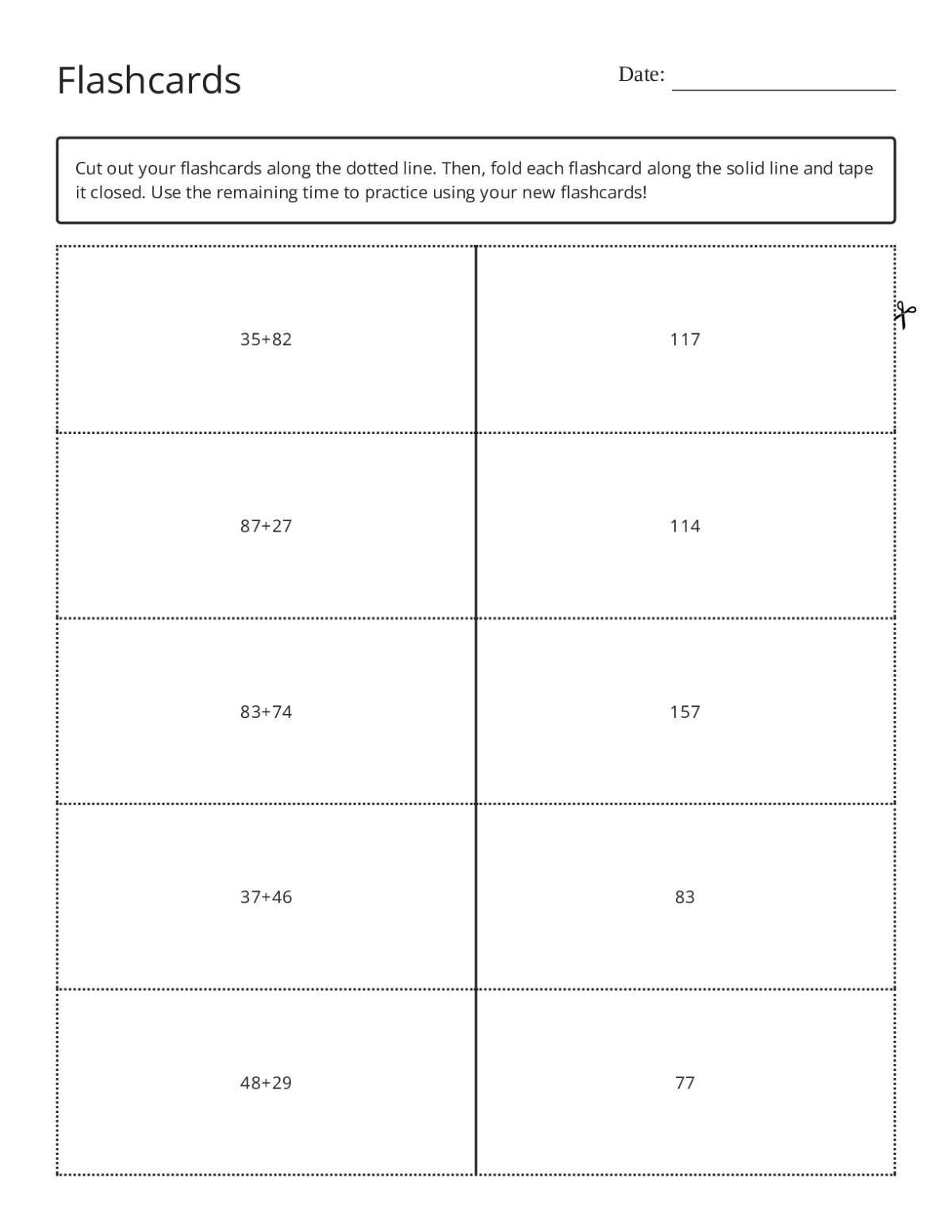 Two-digit addition flashcard set with problems like 35+82 and 87+27 for Grades 1–2.