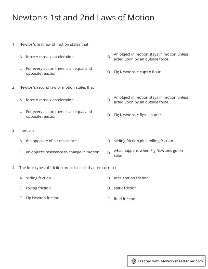 Newton's 1st and 2nd Laws of Motion - My Worksheet Maker: Create Your ...
