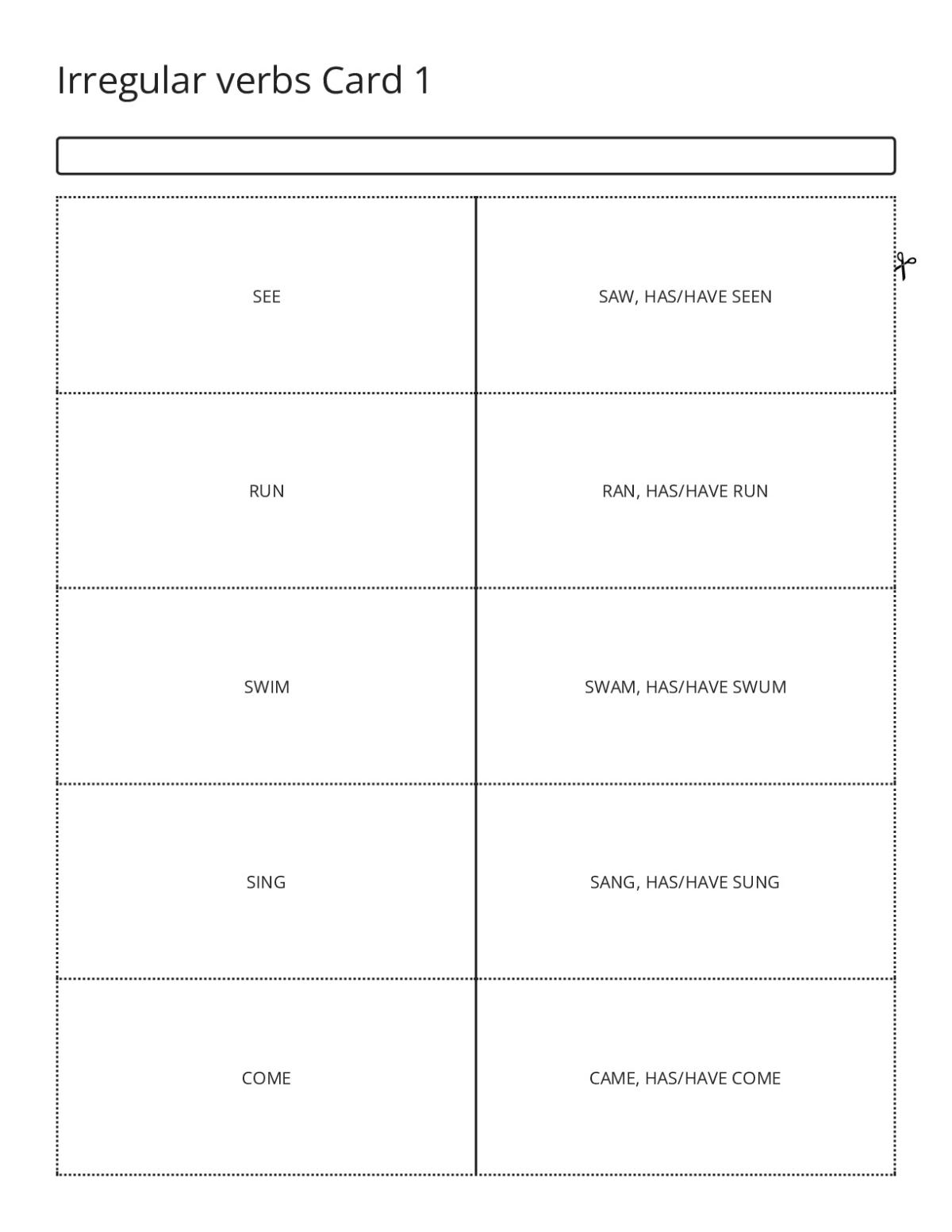 Irregular verbs flashcards for grades 3–5, including see, run, swim, sing, and come.