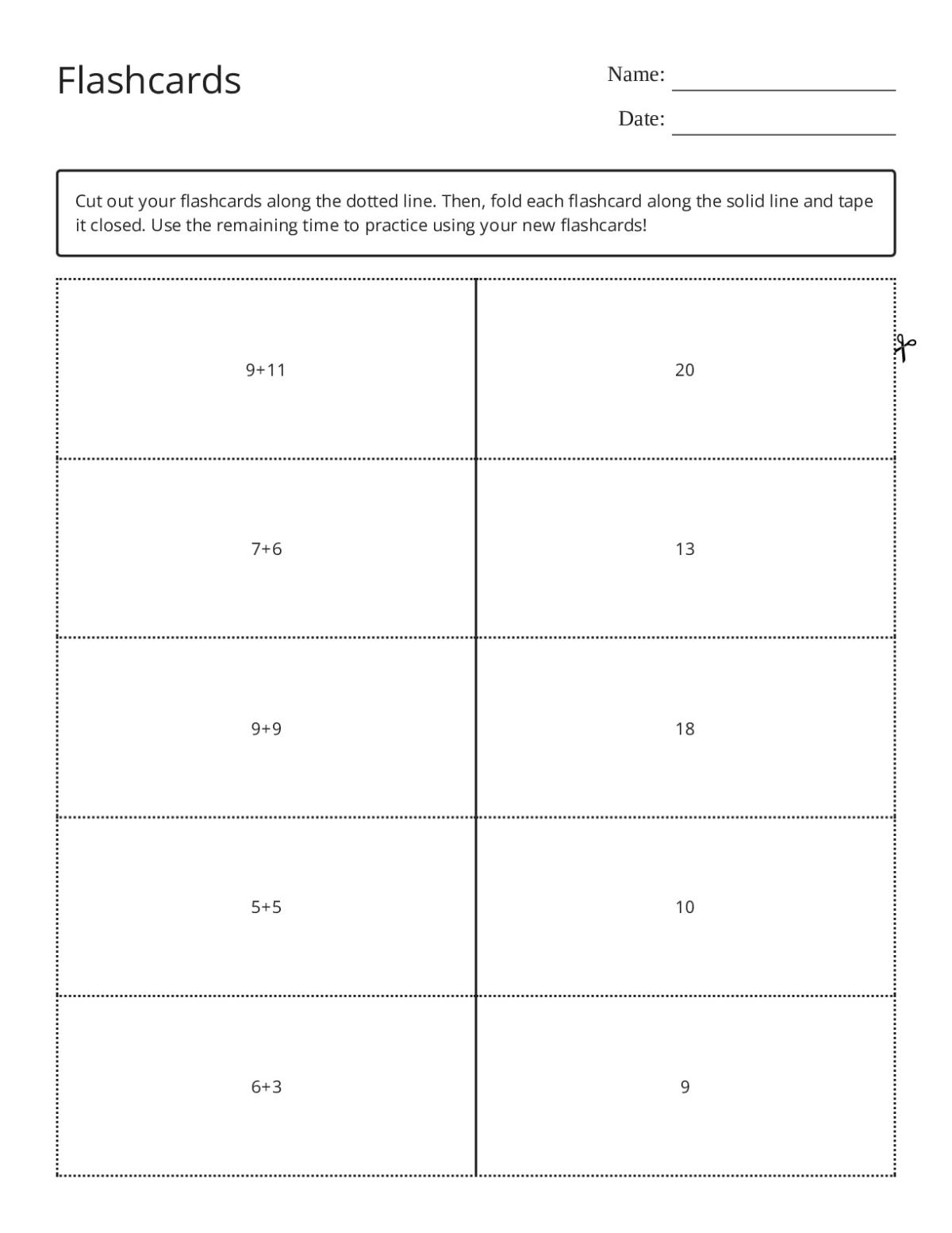 Basic addition flashcards with sums like 9+9, 7+6, and 5+5.
