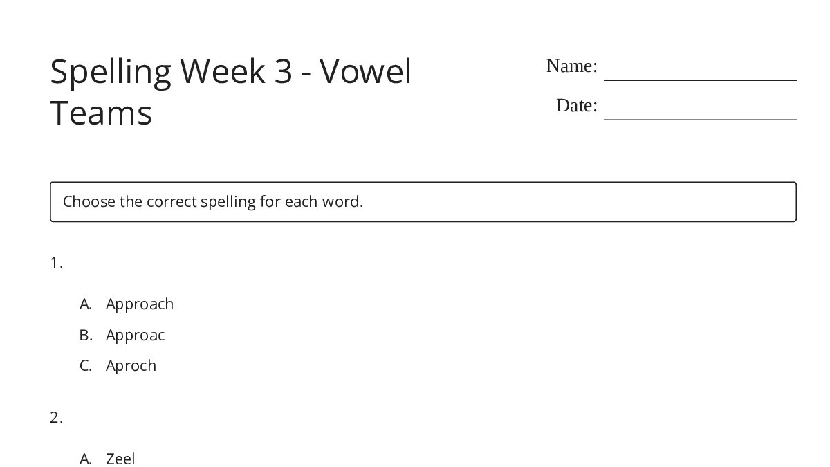 Spelling Week 3 - Vowel Teams - My Worksheet Maker: Create Your Own ...