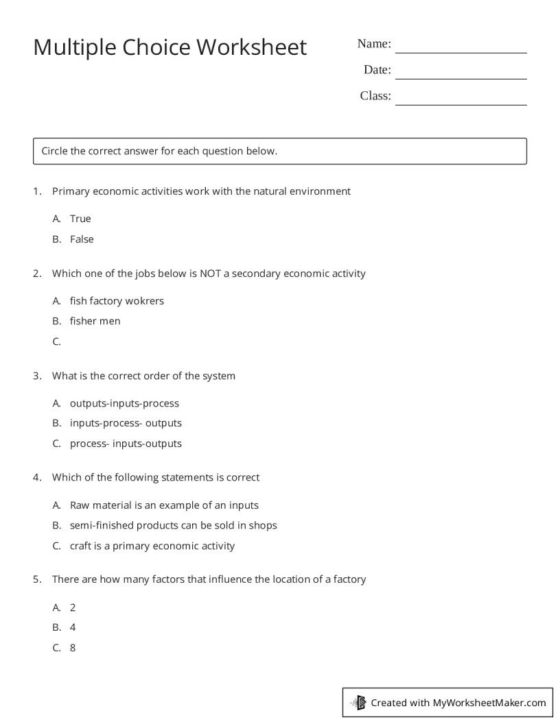 Multiple Choice Worksheet - My Worksheet Maker: Create Your Own Worksheets