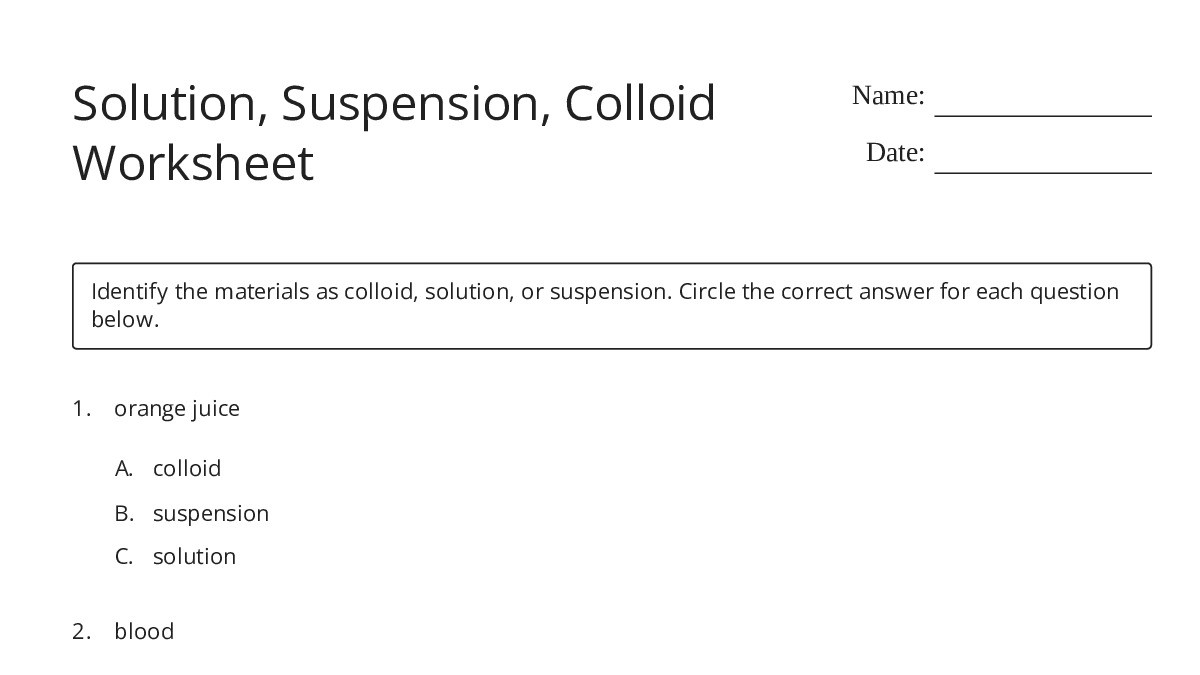 Solution, Suspension, Colloid Worksheet - My Worksheet Maker: Create ...
