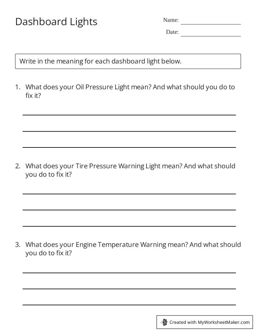 Dashboard Lights - My Worksheet Maker: Create Your Own Worksheets