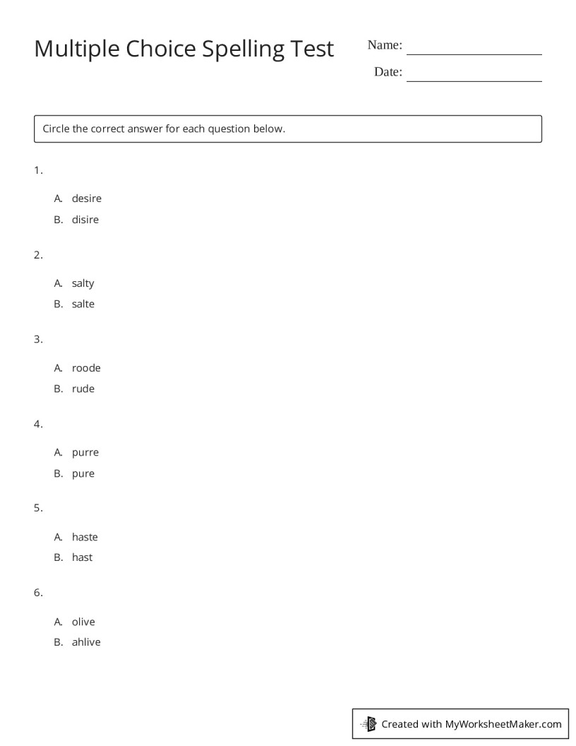 Multiple Choice Spelling Test - My Worksheet Maker: Create Your Own ...