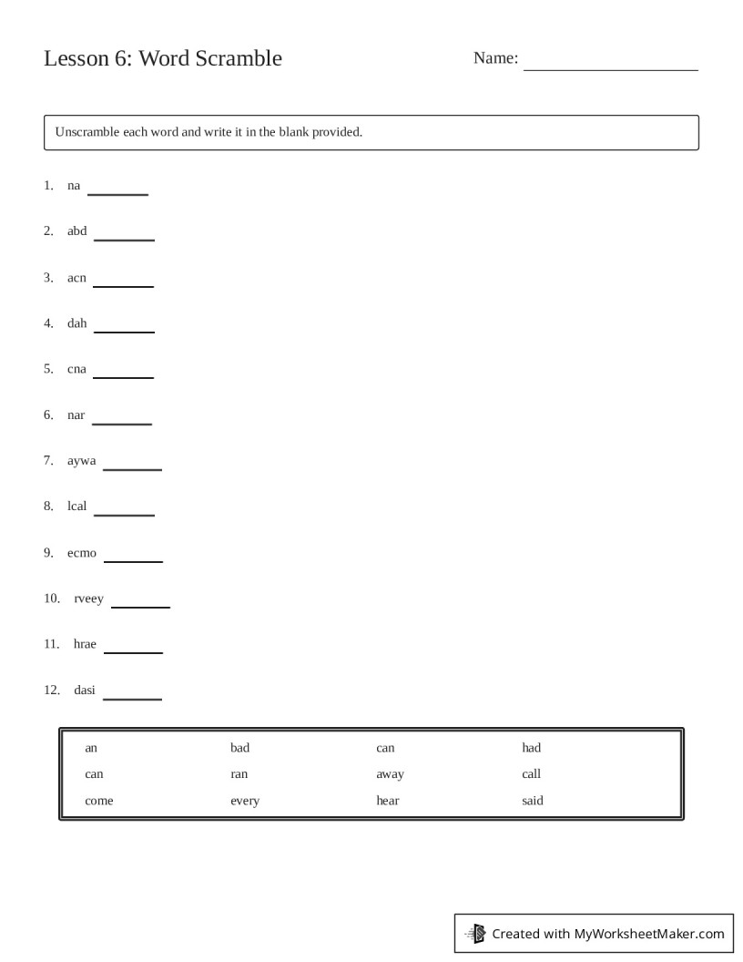 Lesson 6: Word Scramble - My Worksheet Maker: Create Your Own Worksheets