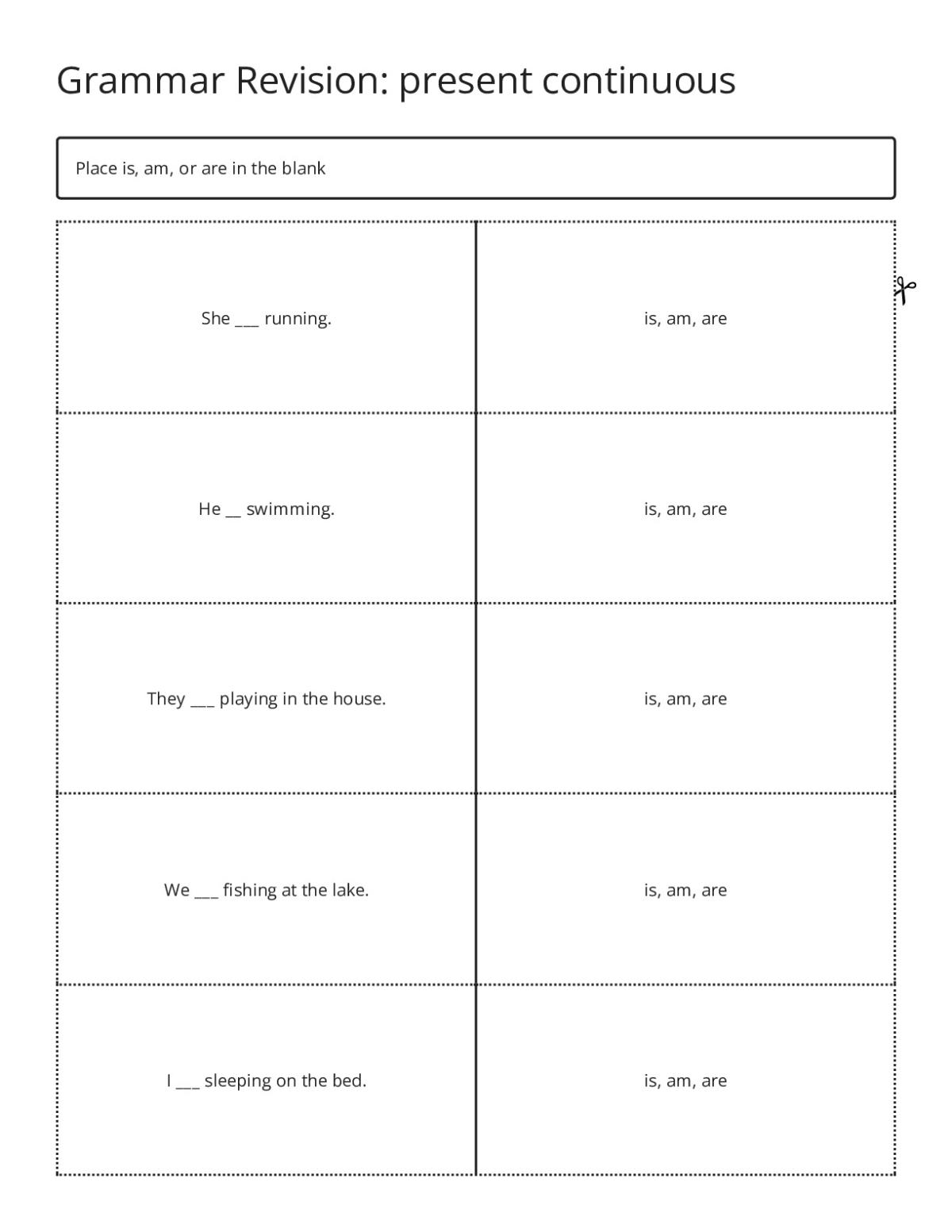 Present continuous grammar flashcards with fill-in-the-blank sentences for 3rd Grade English learners.
