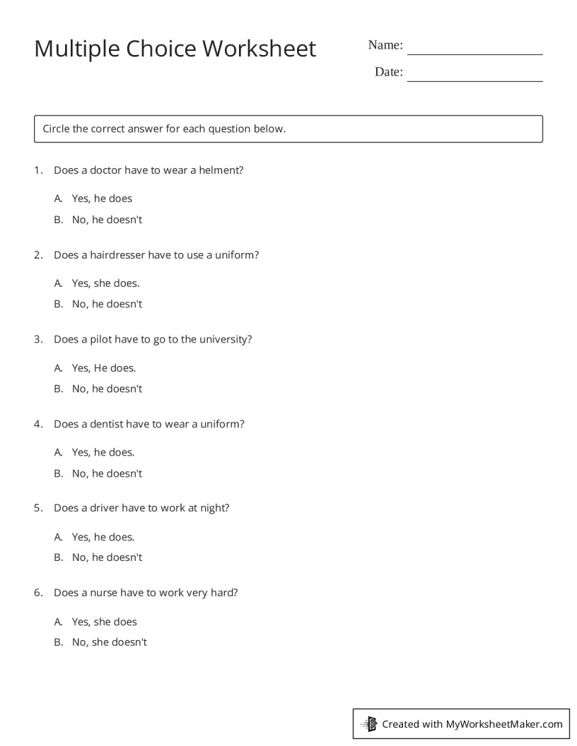 Multiple Choice Worksheet - My Worksheet Maker: Create Your Own Worksheets
