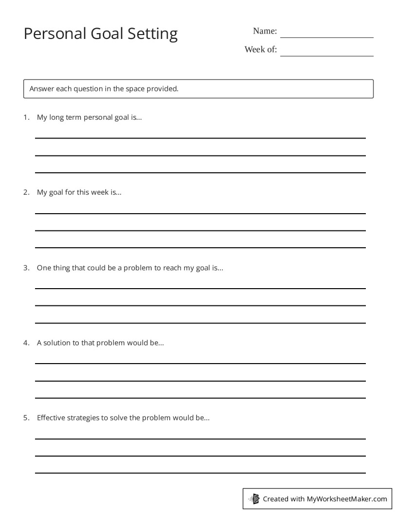 Personal Goal Setting - My Worksheet Maker: Create Your Own Worksheets